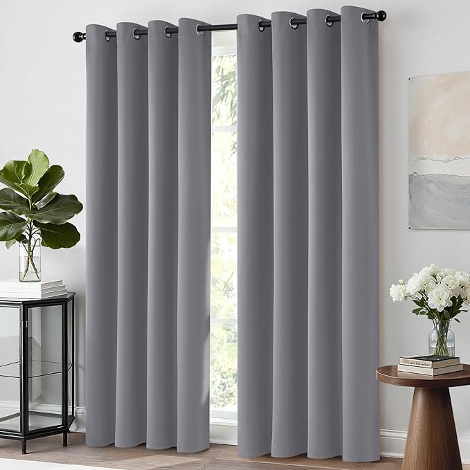 Yakamok Room Darkening Curtains Thermal Insulated Gray Blackout Curtain Panels Solid Grommet Top Window Drapes for Bedroom Living Room Decor(52x72 Inch, Grey, 2 Panels)