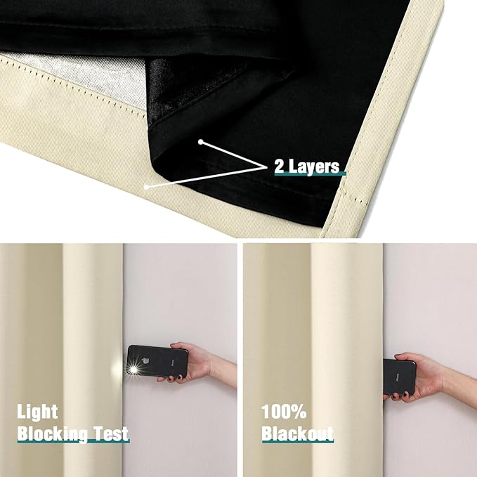 ChrisDowa 100% Blackout Curtains 90 inch Long for Bedroom with Black Liner, 2 Thick Layers Total Blackout Thermal Insulated Grommet Window Curtains 2 Panels Set (Light Beige, 52 x 90 Inch)
