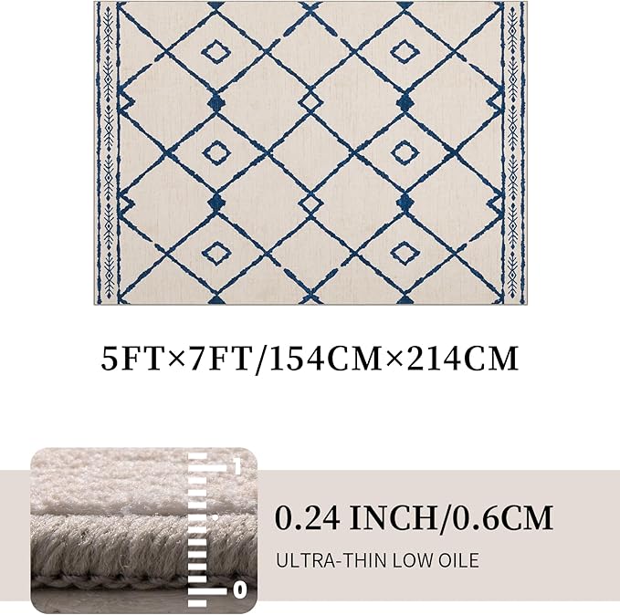 YIHOUSE Boho 5x7 Area Rugs for Living Room, Western Beige and Blue Rug, Moroccan Geometric Soft Low-Pile Washable Rugs for Bedroom, Dining Room