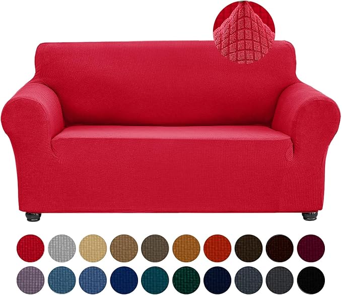 Joccun Christmas Stretch Loveseat Couch Cover Slipcover, 1-Piece Sofa Cover for 2 Cushion Couch Spandex Jacquard Washable Furniture Protector Cover for Living Room,Kids,Pets（Loveseat,Ruby）