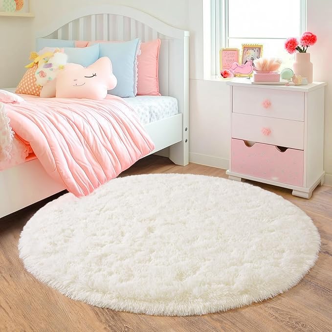 5'x5' Cream Round Rugs for Girls Bedroom, Ultra Soft Fluffy Circle Rug for Kids Room, Cute Shag Rugs for Living Room Playroom Tent Castle Home Decor Rug