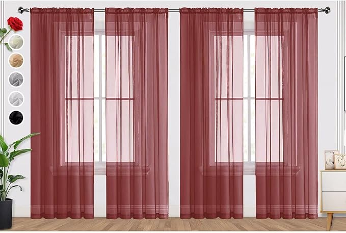 SpaceDresser Burgundy Sheer Curtains 4 Panels Rod Pocket Semi-Sheer Curtain 96 Inches Long Light Filtering Voile Window Drapes for Bedroom Living Room Kitchen, Each 52W x 96L