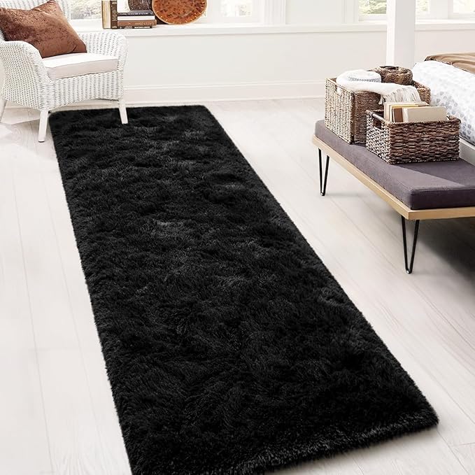TWINNIS Super Soft Shaggy Runner Rugs Fluffy Carpets, 2x6 Feet, Indoor Modern Plush Area Rugs for Hallway Living Room Bedroom Kitchen Entryway, Upgrade Anti-Skid Rectangular Fuzzy Rug, Black