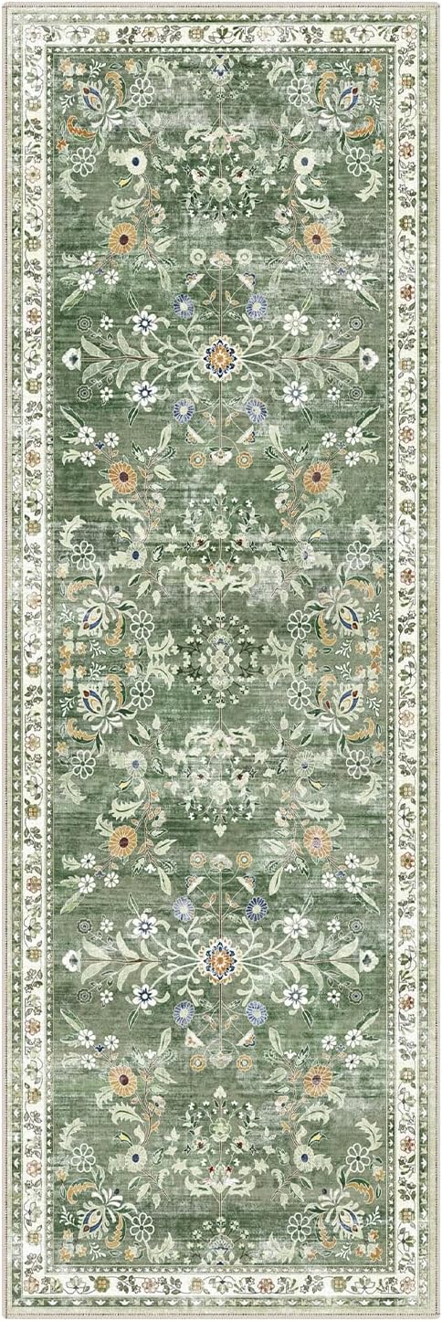 Yamaziot Washable Runner Rug 2x6 – Non Slip Boho Floral Hallway Runner Rug with Rubber Backing, Low Pile Faux Wool Distressed Carpet for Kitchen, Laundry, Bedroom, Entrance, Mottled Green