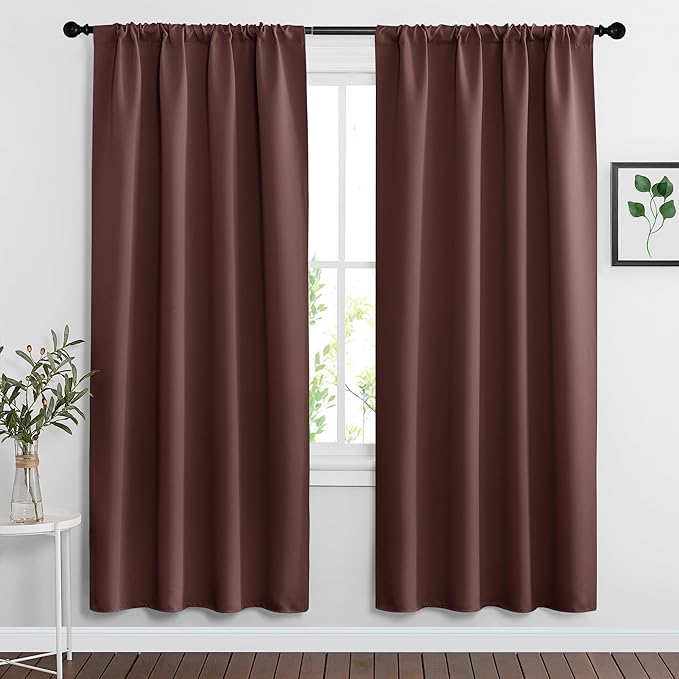 RYB HOME Blackout Curtains for Bedroom Living Room 63 inches Long, Thermal Insulated Privacy Rod Pocket Drapes for Nursery Office Home Theater, Width 42 by Length 63, Chocolate Brown, 2 Panels