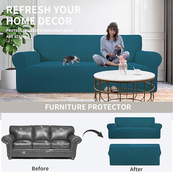 Easy-Going Stretch Oversized Loveseat Slipcover 1-Piece Sofa Cover Furniture Protector Couch Soft with Elastic Bottom for Kids Polyester Spandex Jacquard Fabric Small Checks Peacock Blue