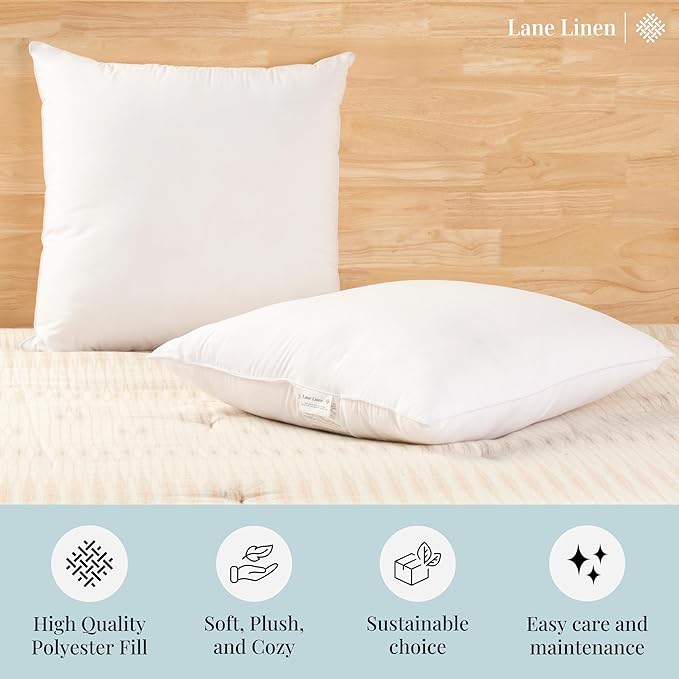 LANE LINEN 26x26 White Throw Pillow Inserts – Pack of 2 White, Fluffy Decorative Insert for Throw Pillow Covers, Perfect for Couch, Bed, Outdoor Use, and Elegant Sofa or Living Room Decor