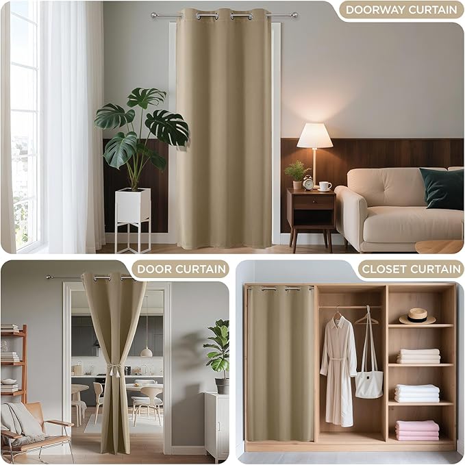 Joydeco Blackout Door Curtain for Doorway Privacy 108 Inches Long, Grommet Closet Curtain for Open Closet, Room Divider for Bedroom Living Room (Light Beige, 52Wx108L, 1 Panel)