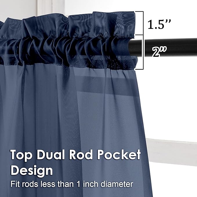 OVZME Navy Blue Sheer Curtains 78 Inches Long 2 Panels - Soft Light Filtering Window Sheer Panels for Living Room/Bedroom, Top Dual Rod Pocket, 1 Pair, Each 42Wx78L Inches