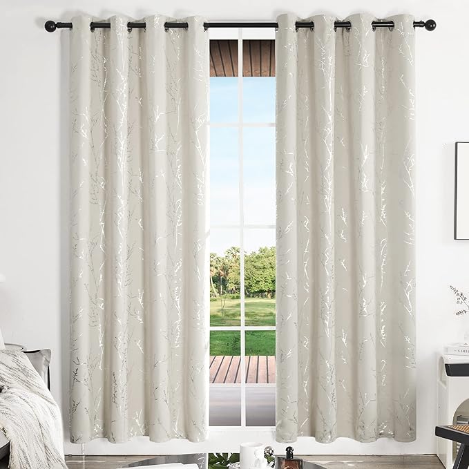 Deconovo Living Room Curtains, Room Darkening Curtain, Thermal Insulated Soundproof Drapes, Silver Branch Print, 52 x 95 Inch Long, Machine Washable Window Panels for Bedroom Office Nursery, Set of 2