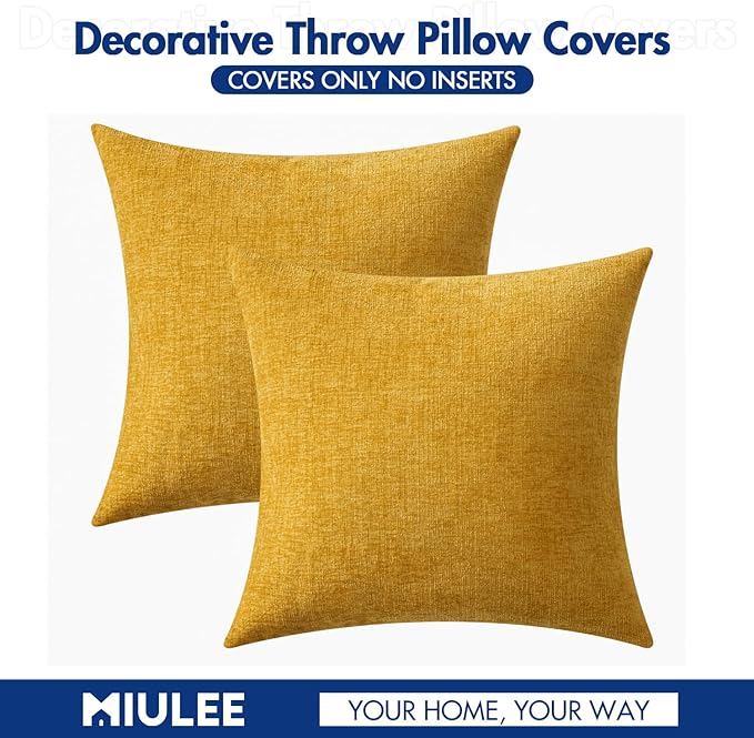 MIULEE Pack of 2 Mustard Yellow Throw Pillow Covers 20x20 Inch Soft Spring Chenille Pillow Covers for Sofa Living Room Couch Solid Dyed Cases