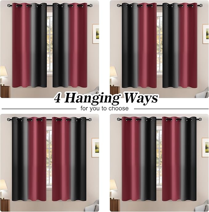 Yakamok Blackout Ombre Burgundy and Black Curtains for Bedroom, Gradient Room Darkening Curtains, Grommet Thermal Insulated Light Blocking Window Drapes/Curtain for Living Room,52 x 63 Inch,2 Panels