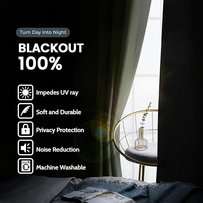SimpleHome 100% Blackout Curtains for Bedroom,Thermal Insulated Light Sage Grommet Window Drapes Room Darkening Curtains for Living Room with Black Back,52 x 96 Inch,2 Panels