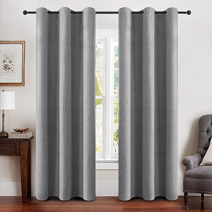 MIULEE Linen Blackout Curtains and Drapes 100% Room Darken Thermal Insulated Grommet Window Panels with Coating 2 PCs W 42 x L 90 inches Grey