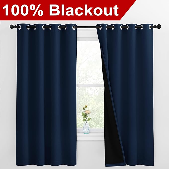 NICETOWN 100% Blackout Curtain Panels, Thermal Insulated Black Liner Curtains for Nursery Room, Noise Reducing and Cold Blocking Drapes for Windows (Navy Blue, Set of 2, 55-inch Wide by 68-inch Long)