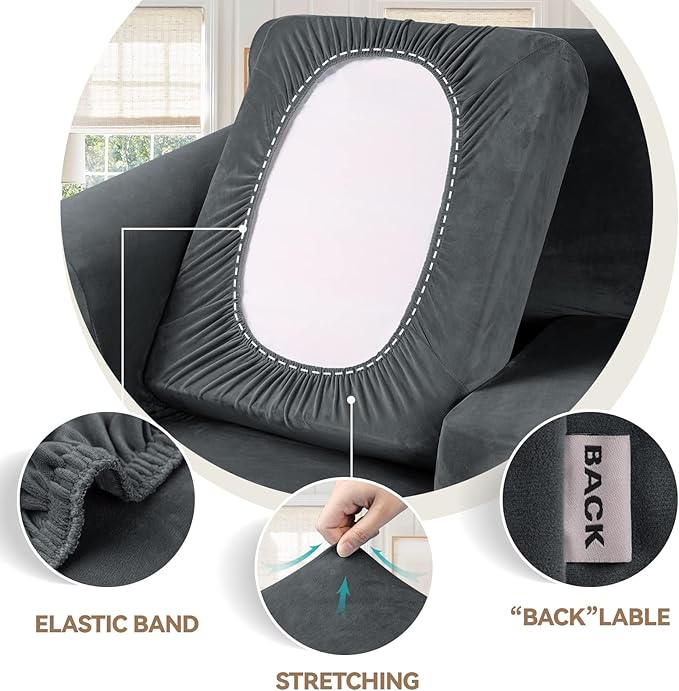 WEERRW 4 Pieces Velvet High Stretch Couch Covers for 3 Cushion Sofa Slipcovers, Washable Furniture Protector with Non Slip Elastic Bottom, Feature Soft and Thick Plush Fabric, Dark Grey, Large