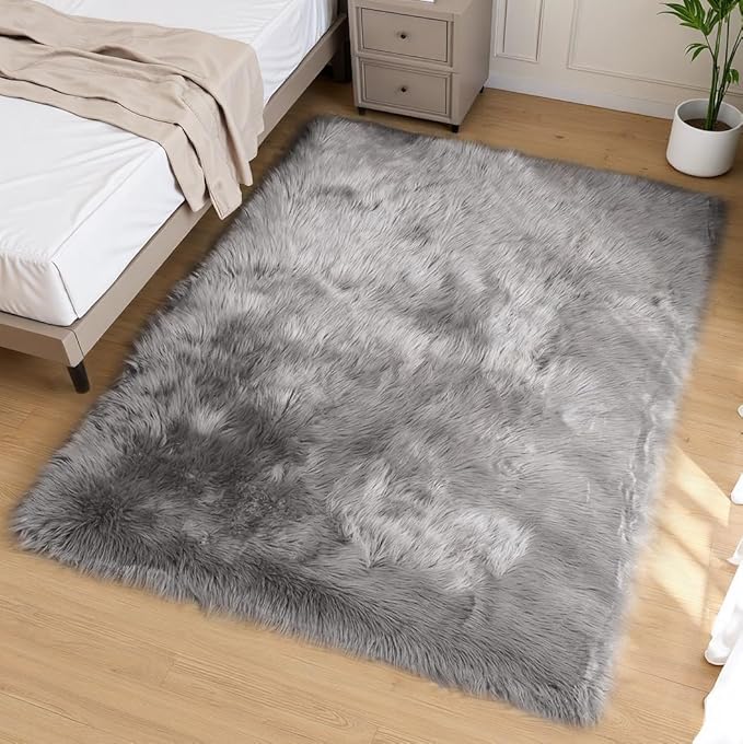 Goolela Grey Sheepskin Area Rug 5x7 Fluffy Fuzzy Furry Carpet for Bedroom Living Room Faux Fur Soft Plush Shaggy Washable Rectangle
