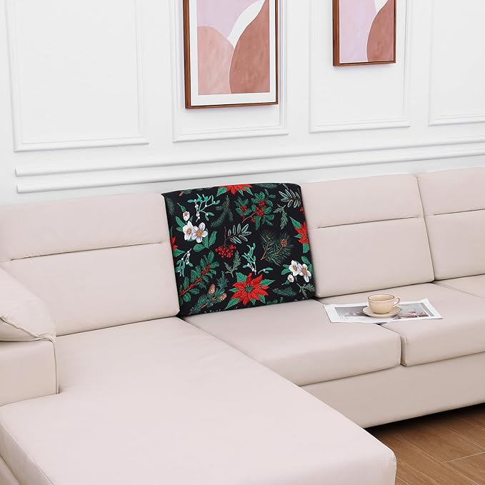 hyha Printed Couch Cushion Covers, Floral Sofa Covers Washable for Cushion Couch, Stretch Pattern Outdoor Cushion Covers for Patio Furniture with Elastic Bottom(Back Cover M, Christmas Botanical)