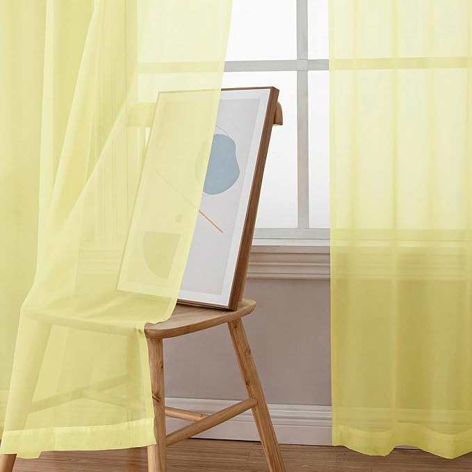 OWENIE Sheer Curtains 90 inches Long 2 Panels Set for Living Room/Bedroom, Rod Pocket Voile Sheer Panel Drapes, Airy Soft Fabric Window Treatments, 2pcs, Each 42" W x 90" L, Light Yellow