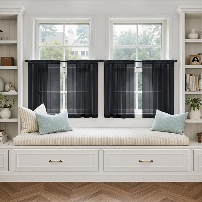 MIULEE Short Curtains 30 Inches Long, 4 Panels Set, Light Filtering Half Window Tier Black Sheer Curtains for Kitchen/Bathroom, 42W x 30 Inches