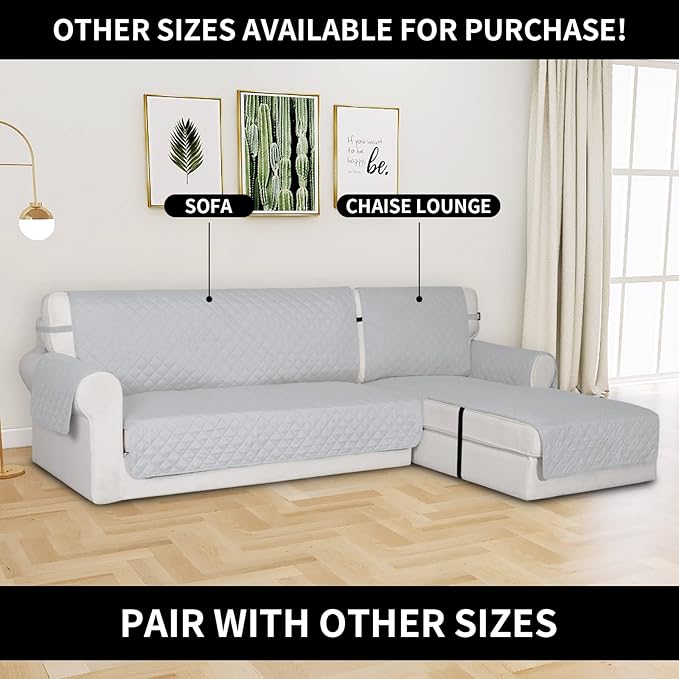 Easy-Going Reversible Chaise Lounge Couch Cover Water Resistant Sofa Cover Sectional L Shaped Sofa Slipcover with Adjustable Straps Furniture Protector for Dogs (115X34 in, Light Gray/Light Gray)