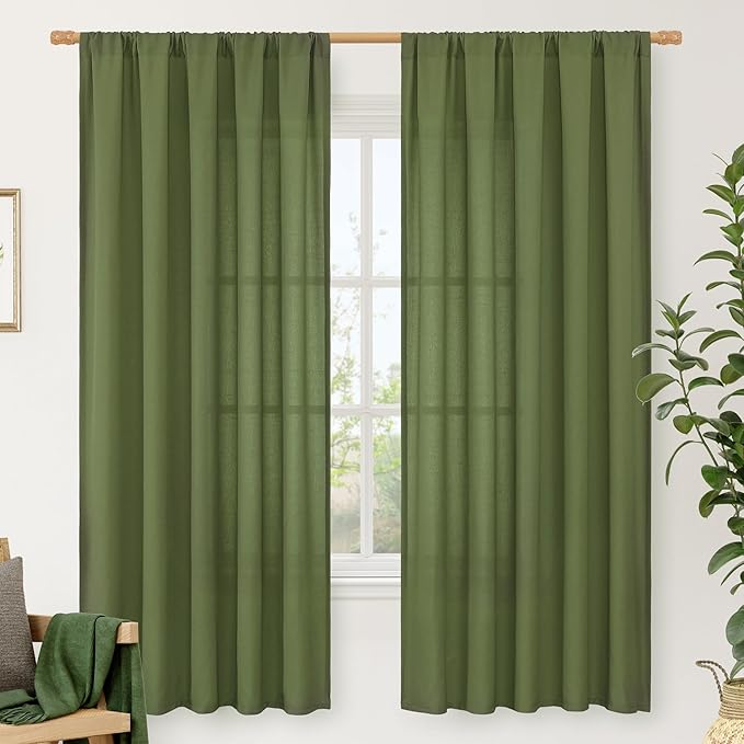 LAMIT Olive Green Linen Curtains for Bedroom, Faux Linen Textured Light Filtering Drapes Rod Pocket Boho Neutral Christmas Panels for Farmhouse/Living Room, 2 Panels, 52 x 72 Inch