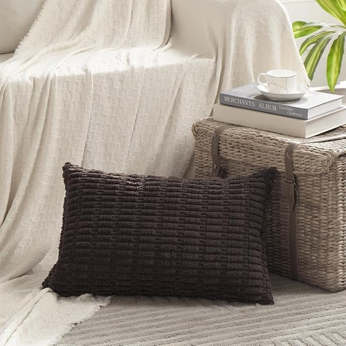 Fancy Homi 4 Packs Boho Dark Brown Decorative Throw Pillow Covers 12x20 Inch for Living Room Couch Bed Sofa, Rustic Modern Farmhouse Home Decor, Soft Plush Corduroy Cute Square Cushion Case 30x50 cm