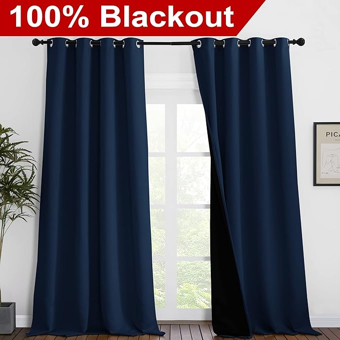 NICETOWN 100% Blackout Curtains 102 inches Long, Noise Reduction Window Treatment Curtains, Thermal Insulated Energy Smart Drapes and Draperies for Apartment Decor, Navy Blue, Set of 2, 55 inches W