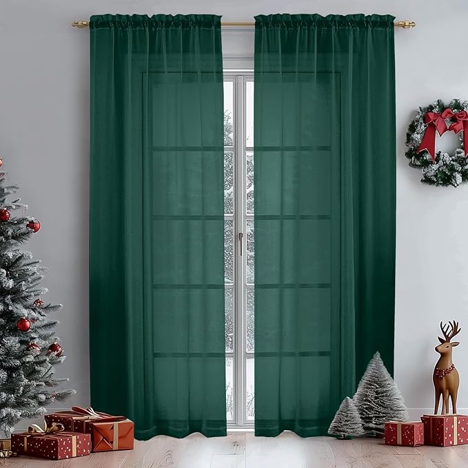 OWENIE Green Sheer Curtains 72 Inches Long 2 Panels Set for Christmas Decoration, Light Filtering Sheer Curtain Rod Pocket Clear Drapes for Living Room Bedroom Window Sliding Door, Each 42 x 72 Inch