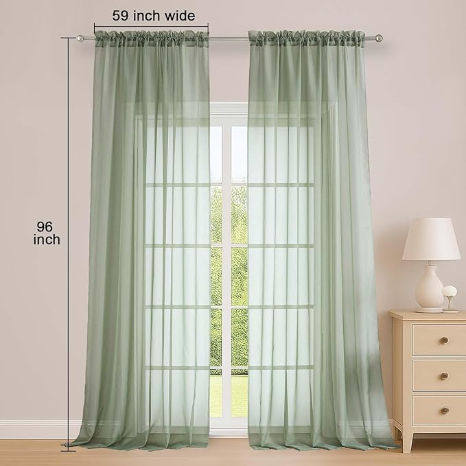 OWENIE Sage Green Sheer Curtains, Sheer Curtains 96 inches Long 2 Panels Set, Rod Pocket Voile Fimly Sheer Drapes for Living Room/Bedroom, 2pcs, Each 59" W x 96" L