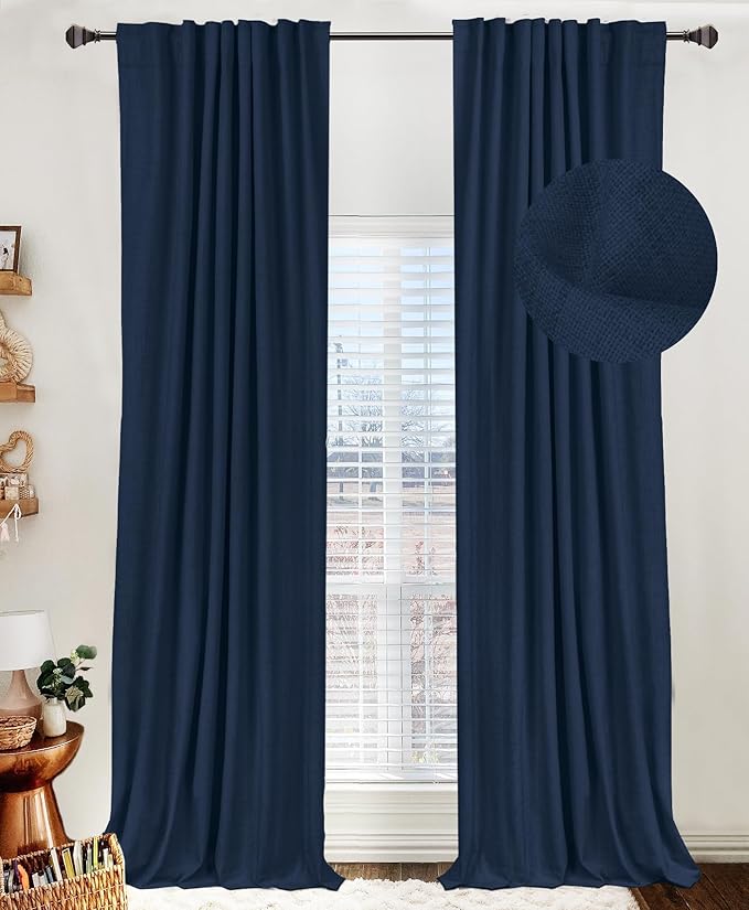 100% Blackout Shield Linen Blackout Curtains for Bedroom 120 Inches Long, Back Tab/Rod Pocket Living Room Drapes, Thermal Insulated Blackout Curtains 2 Panels Set, 50" W x 120" L, Midnight Blue