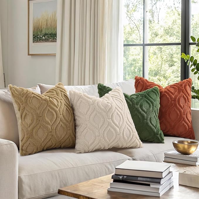 decorUhome Throw Pillow Covers 12x12 Inch Set of 2, Soft Plush Decorative Faux Fur Beige Solid Couch Pillow Covers, Accent Farmhouse Neutral Square Pillow Cases for Sofa Bed Living Room