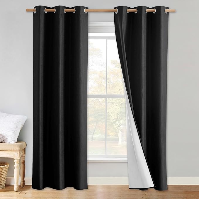 NICETOWN Vintage Open Linen Weave Flax Thermal Curtains, 100% Blackout Curtains 90 inches Long for Dining Room, Soundproof Window Treatment Drapes for Hall Room, Black, 34" Wide Per Panel, Set of 2