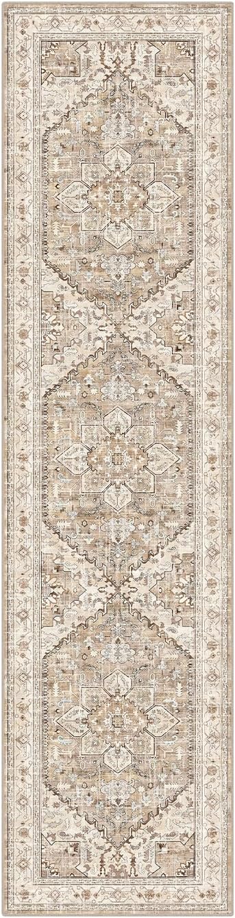 Yamaziot Washable Runner Rug, 2x8 Non-Slip Boho Vintage Hallway Rug Runner with Rubber Backing, Stain Resistant & Low Pile Faux Wool Distressed Carpet Runner for Bedroom, Kitchen, Laundry, Entrance