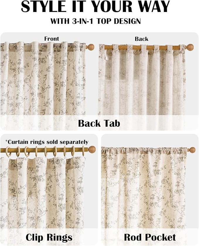 Lazzzy Grey Floral Linen Curtains 84 Inch Farmhouse Back Tab Drapes for Living Room Bedroom Light Filtering Vintage Grandmillennial Rod Pocket Curtains, 2 Panels, W38 x L84, Grey on Beige