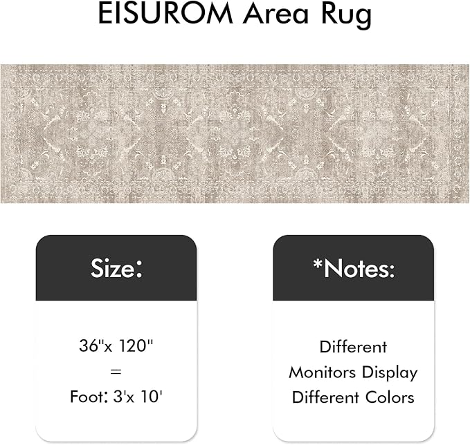 Hallway 3x10 Runner Rug - Vintage Non-Slip Long Rug for Entryway Low-Pile Washable Medallion Runner Rugs Waterproof Traditional Runner Rug Indoor Thin Rug for Kitchen (Distressed Beige & Ivory)