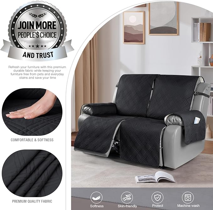 TAOCOCO 100% Waterproof Oversized Loveseat Recliner Cover, Non Slip Split Couch Covers for Reclining Loveseat with Elastic Straps for Kids Pets(Oversized 2 Seater, Black)