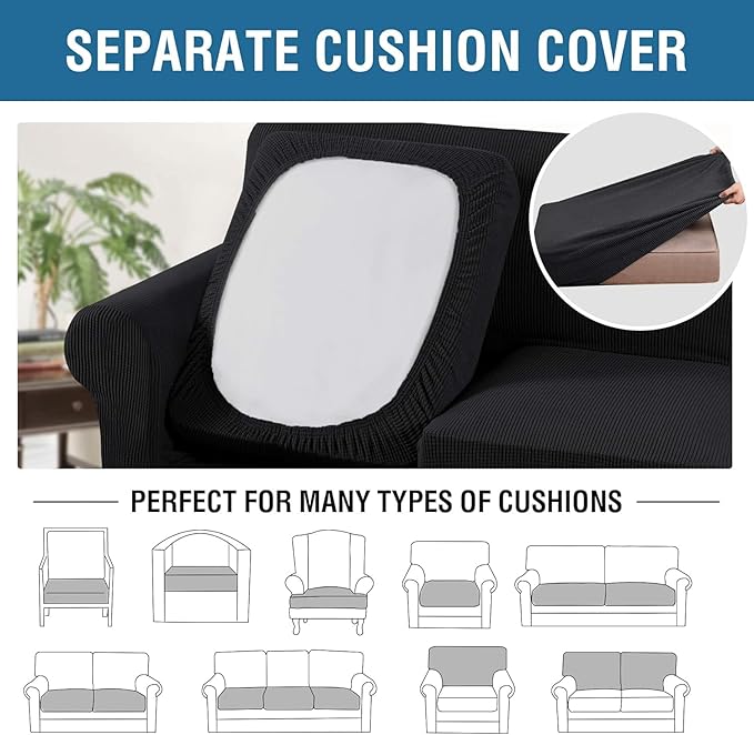 H.VERSAILTEX 4 Piece Stretch Sofa Covers for 3 Cushion Couch Covers for Living Room Furniture Slipcovers (Base Cover Plus 3 Seat Cushion Covers) Thicker Jacquard Fabric (Large Sofa, Black)