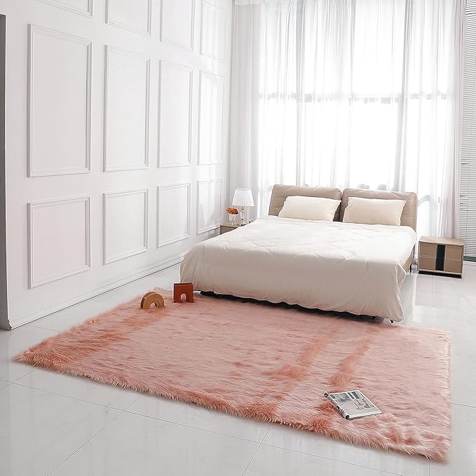 linmopm Faux Fur Rug Sheepskin Shag Fluffy Fuzzy 6x9 ft Pink Rugs for Bedroom Bedside Bed Floor Living Room Plush Rectangle High-Density Cushion Carpet Super Sofa Cover