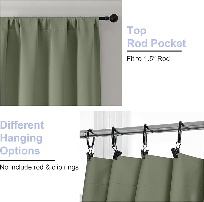 Simplebrand Ava Sage Green Short Blackout Curtains for Bedroom 45 Inches Long 2 Panels Set, Solid Thermal Insulated, Energy Saving Window Treatment Curtains Blackout Drapes, W40 x L45 Inch, Sage Green