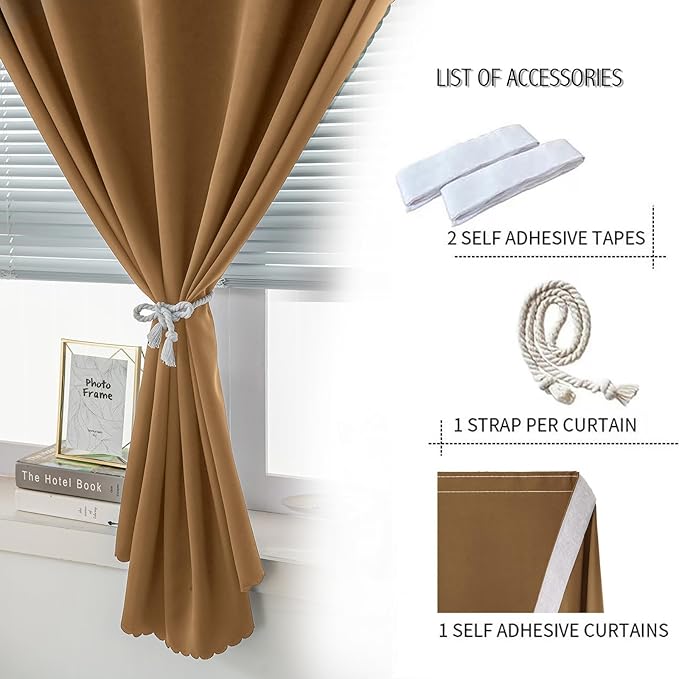 Self Adhesive Curtains, Stick Curtain Blackout Shades Window Cover Curtains for Living Room No Drilling, 47" W X 84" L, Brown, 1 Panel