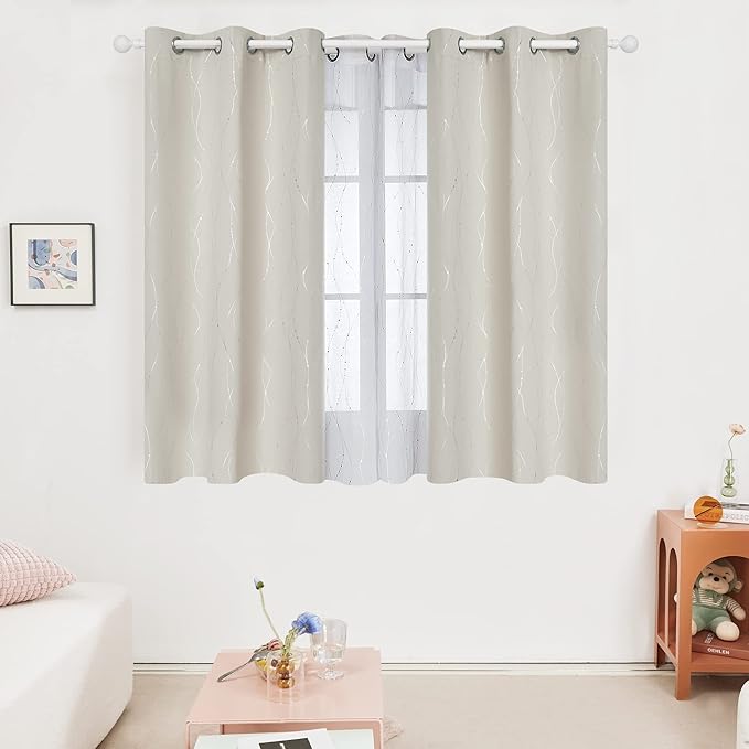 Deconovo Room Darkening Curtains Beige, Short Kitchen Curtain, Thermal Insulated Noise Reducing Drapes, Silver Wave Dots Print, 42 x 45 Inch Long, Machine Washable Window Panels for Bedroom, Set of 2
