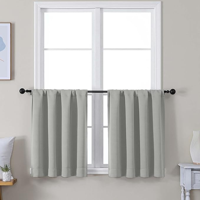Simplebrand Ava Silver Grey Short 24 Inches Blackout Curtain 2 Panels Set, Half Window Rod Pocket Privacy Curtain Tiers for Kitchen, Curtains Blackout for Bathroom Shades, W30 x L24 Inch, Silver Grey