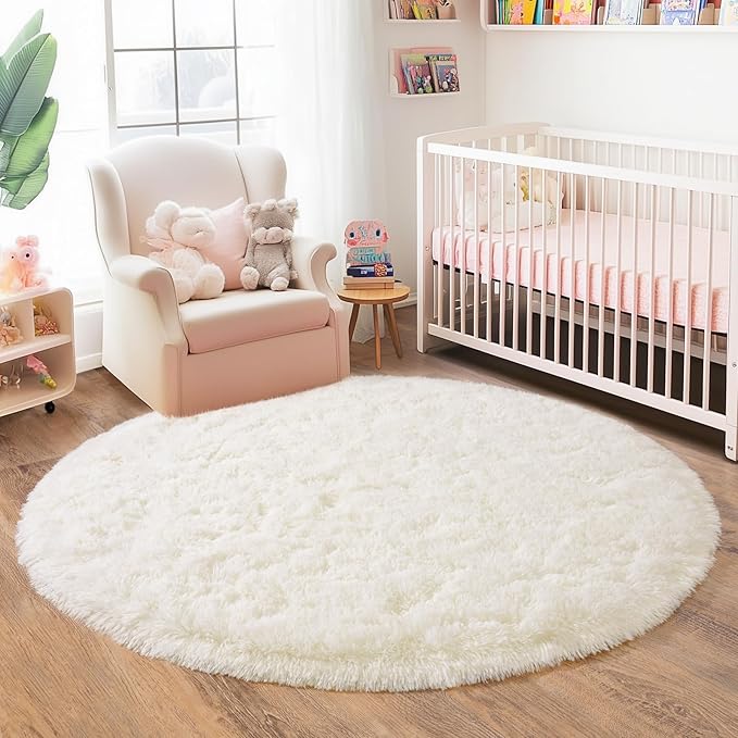 3'x3' Cream Round Rugs for Girls Bedroom, Ultra Soft Fluffy Circle Rug for Kids Room, Cute Small Shag Rugs for Living Room Playroom Tent Castle Home Decor Rug