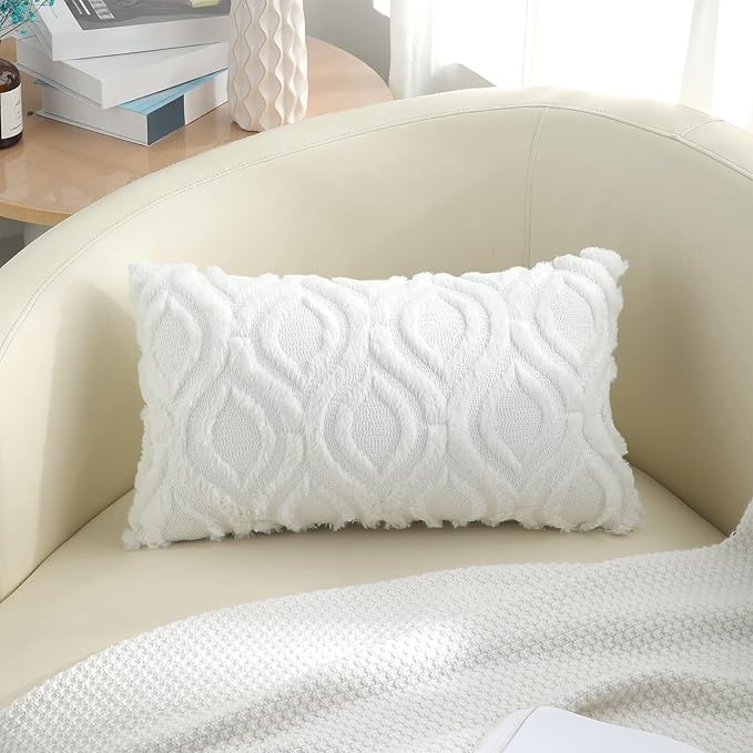 decorUhome Throw Pillow Covers 12x20 Inch Set of 2, Soft Plush Faux Wool White Solid Couch Pillow Covers, Accent Farmhouse Neutral Rectangle Pillow Cases for Sofa Bed Living Room