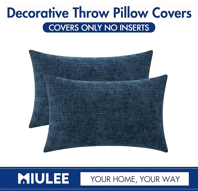 MIULEE Pack of 2 Blue Throw Pillow Covers 12x20 Inch Soft Chenille Lumbar Pillow Covers for Sofa Living Room Couch Solid Dyed Cases