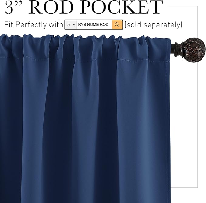 RYB HOME Half Curtain Tiers 36 inch Length, Rod Pocket Summer Heat Blocking Thermal Insulated Short Blackout Curtains for Small Window, Width 34 by Length 36, Navy Blue, 2 Panels