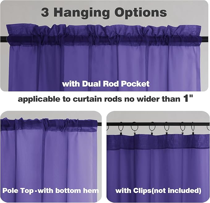 Chyhomenyc Purple Sheer Valances for Windows - Light Filtering Small Kitchen Curtains, Rod Pocket Short Top Window Treatment Decor for Living Room Bathroom Basement, 42Wx16L inches, 2 Panels