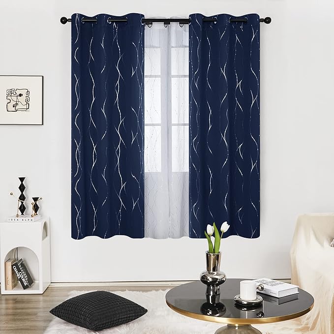 Deconovo Navy Blue Curtains, Blackout Curtain for Bedroom, 38 x 72 Inch, Thermal Insulated Soundproof Privacy Drapes with Silver Wave Dots Pattern, Grommet Top, Machine Washable Panel for Living Room