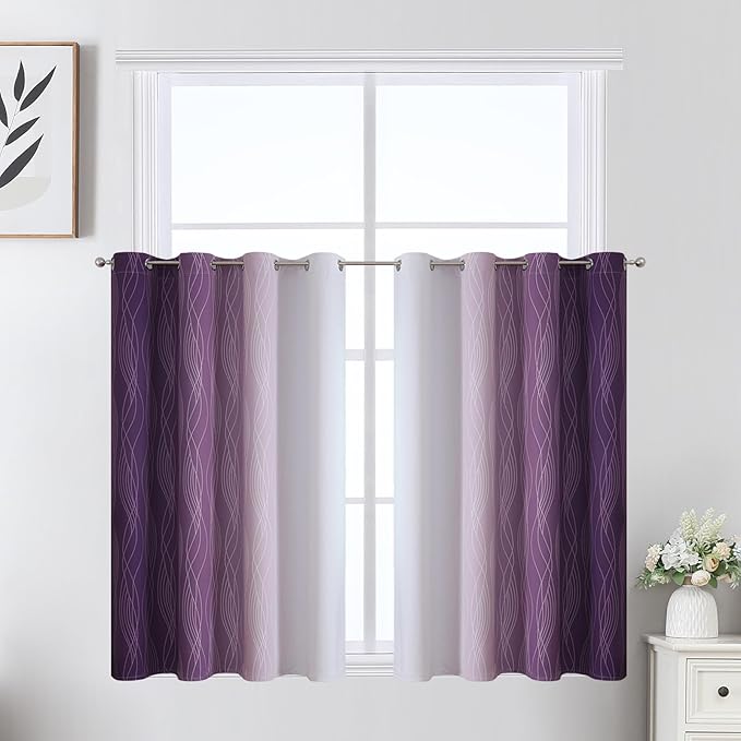Estelar Textiler Purple and Greyish White Ombre Short Blackout Kitchen Curtains 36 Inch Long, Thermal Insulated Grommet Small Half Window Drapes for Cafe/Basement/RV Camper, 52Wx36L, 2 Panels